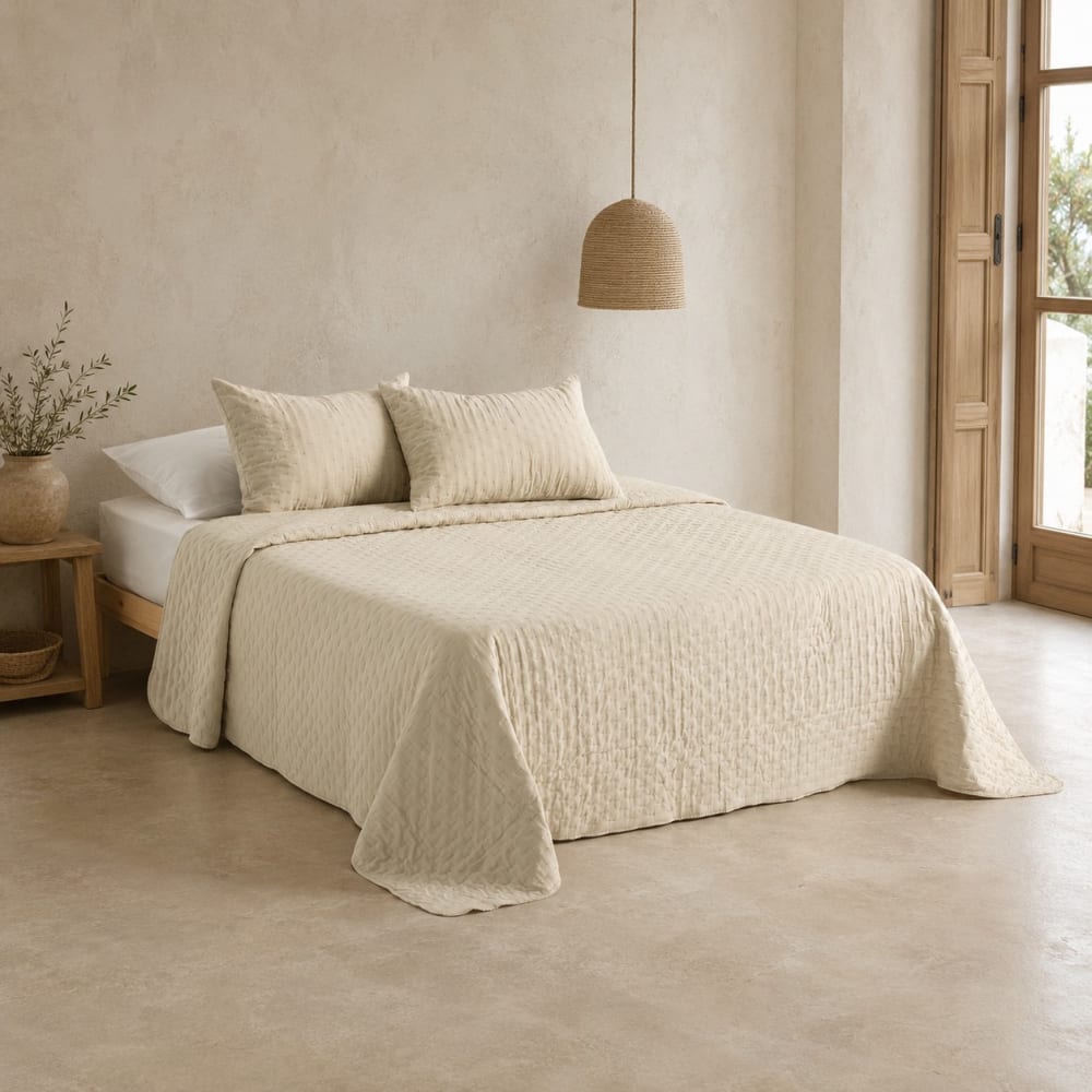 Couvre-Lit Boutis Naima 90 – 180x270 Cm Beige – Design Arabesques Rayures Modernes