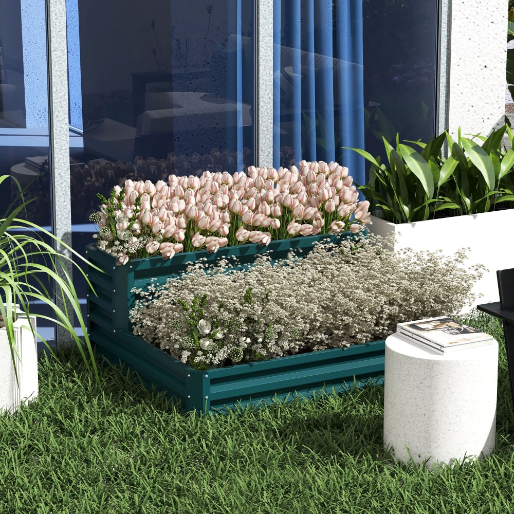 Outsunny Carré Potager Surélevé 2 Étages 120x101x58 Cm – Acier Gris Foncé, Lit De Jardin Fond Ouvert, Herbes, Légumes, Fleurs