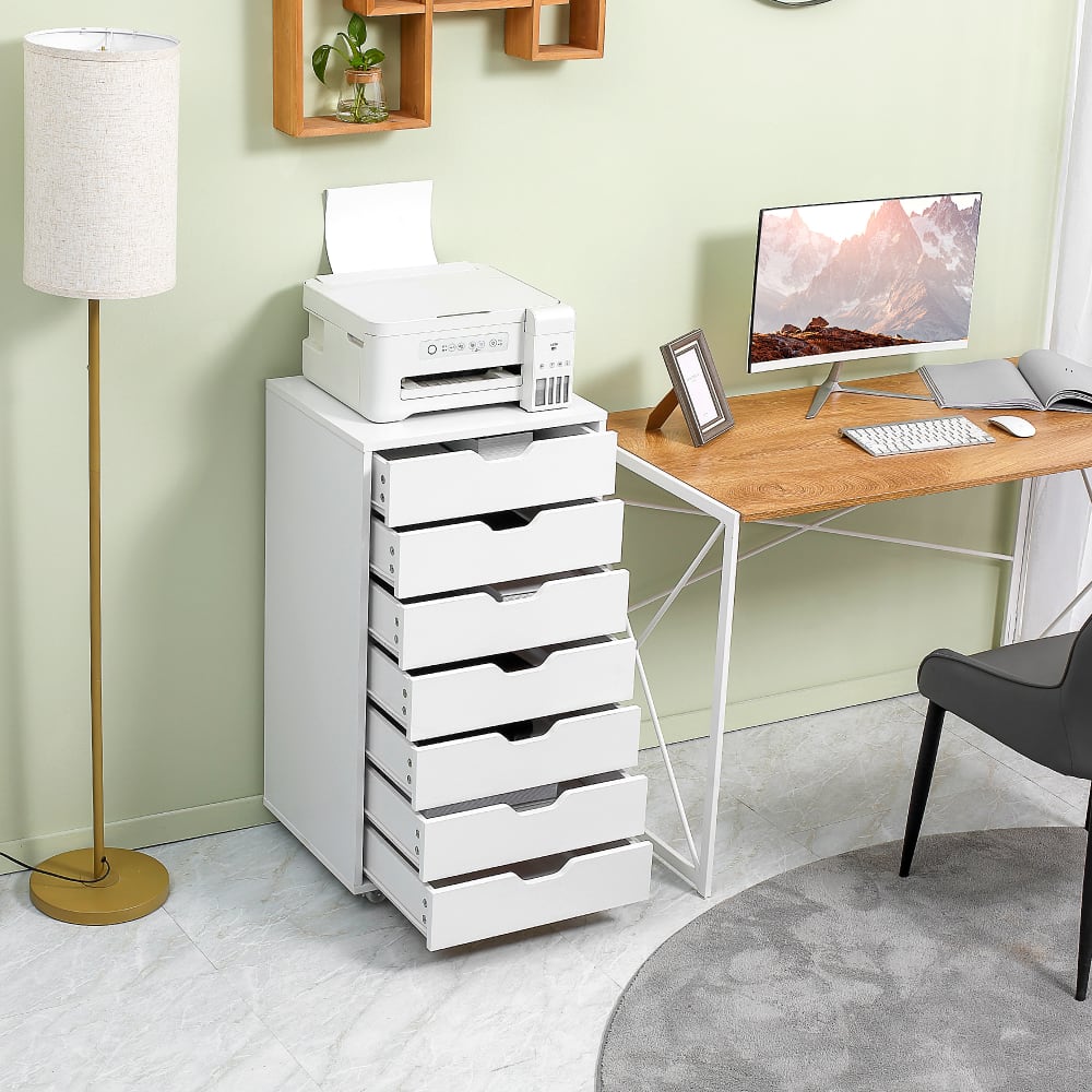 Commode De Bureau à Roulettes - 3 Tiroirs + 4 étagères - Blanc 40x30x83 Cm - Rangement Pratique