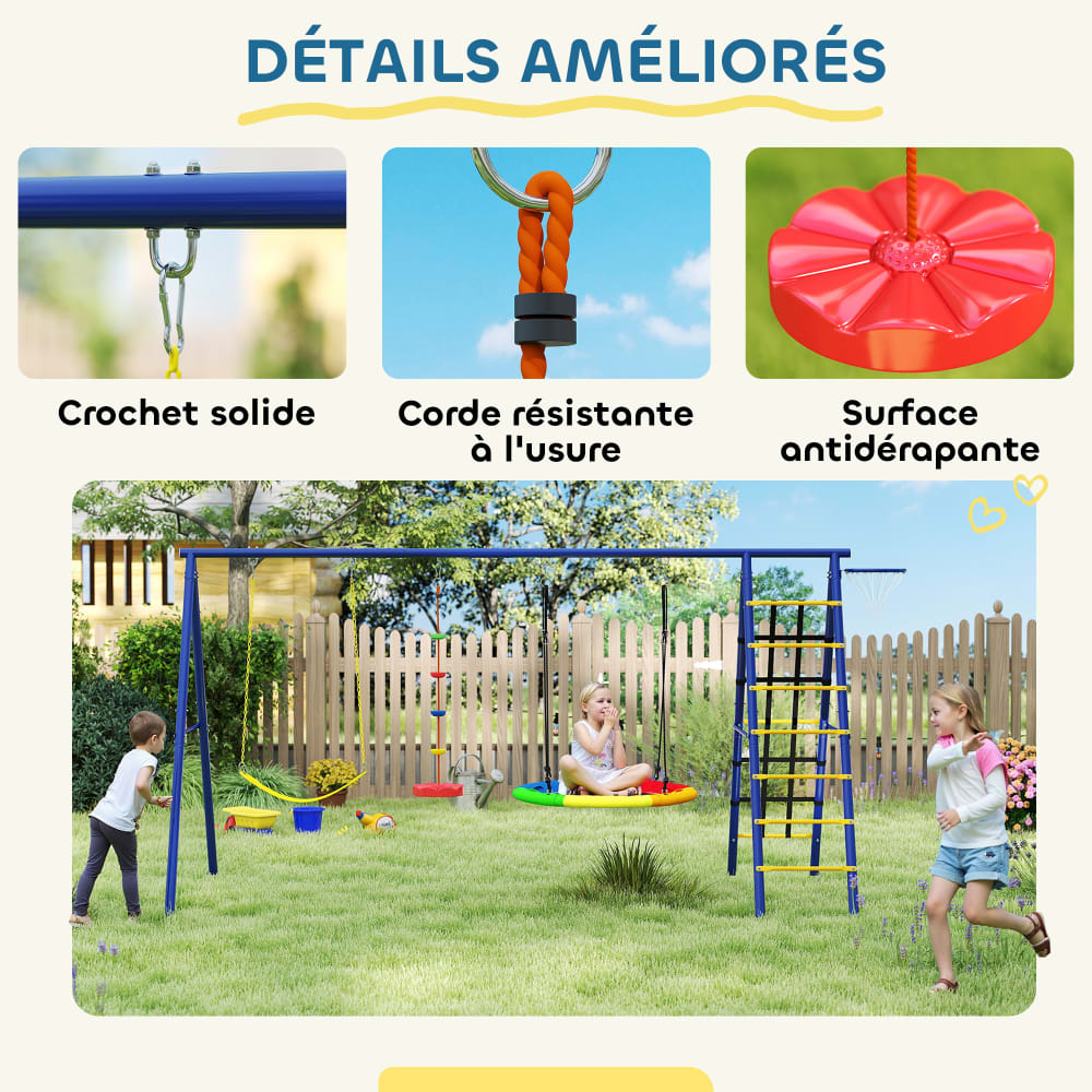 Portique balancoire exterieur - AIYAPLAY - 6 en 1 - 3 balançoires, panier de basket, échelle d'escalade et filet - multicolore - Jeux - Jouets