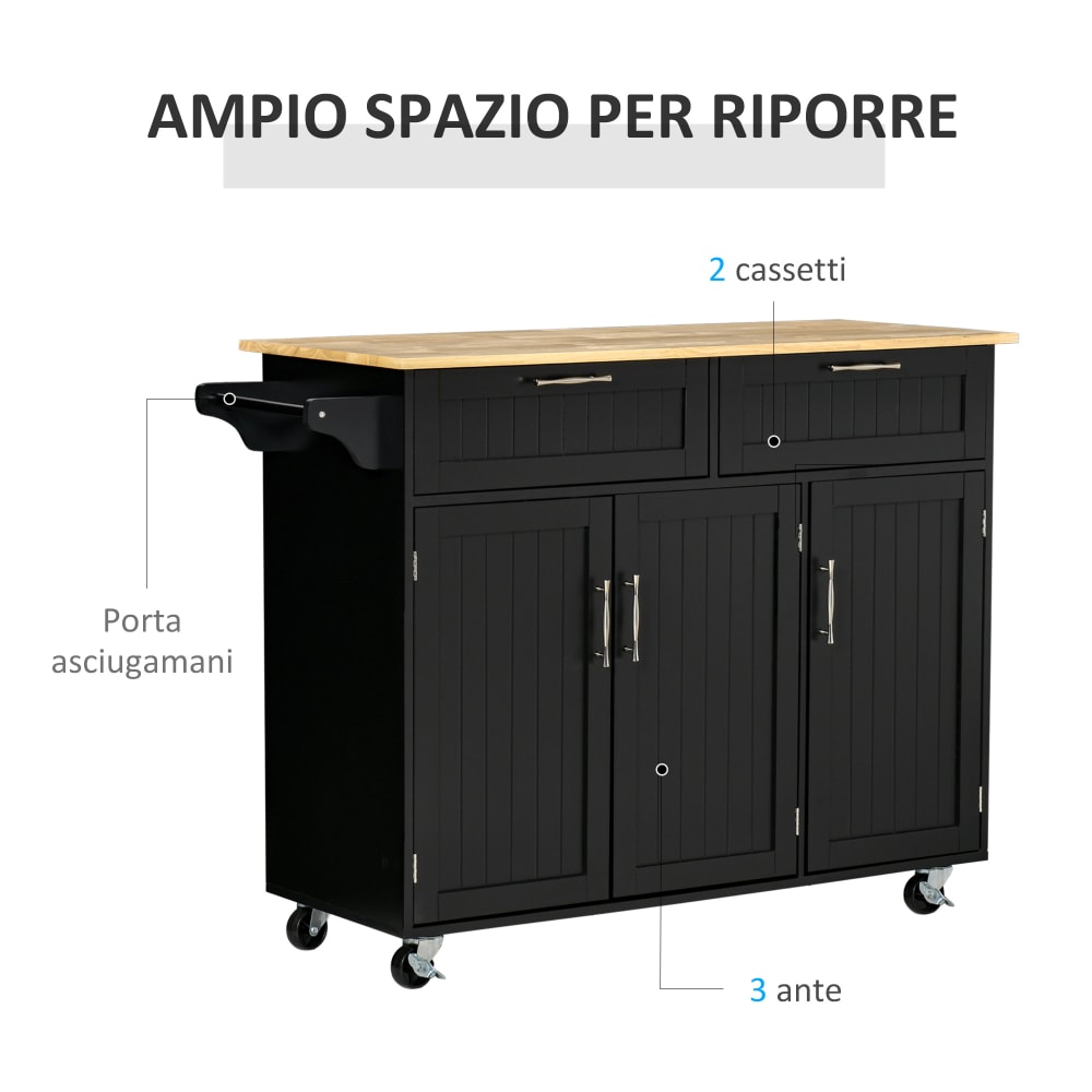 Carrello Da Cucina Con Piano In Bambù, 2 Cassetti, Armadietto Vetrato, Ruote – Isola Mobile 67x35x80 Cm Bianco