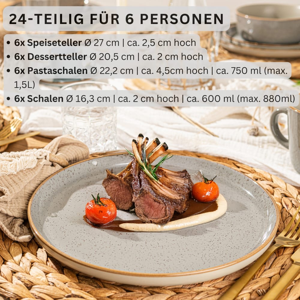 24-teiliges Tafelservice aus Steingut, grau Rio perlgrau