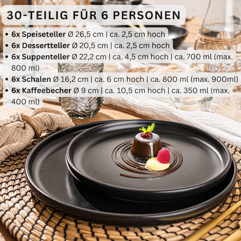 30-teiliges Kombiservice aus Steingut, schwarz Madeira