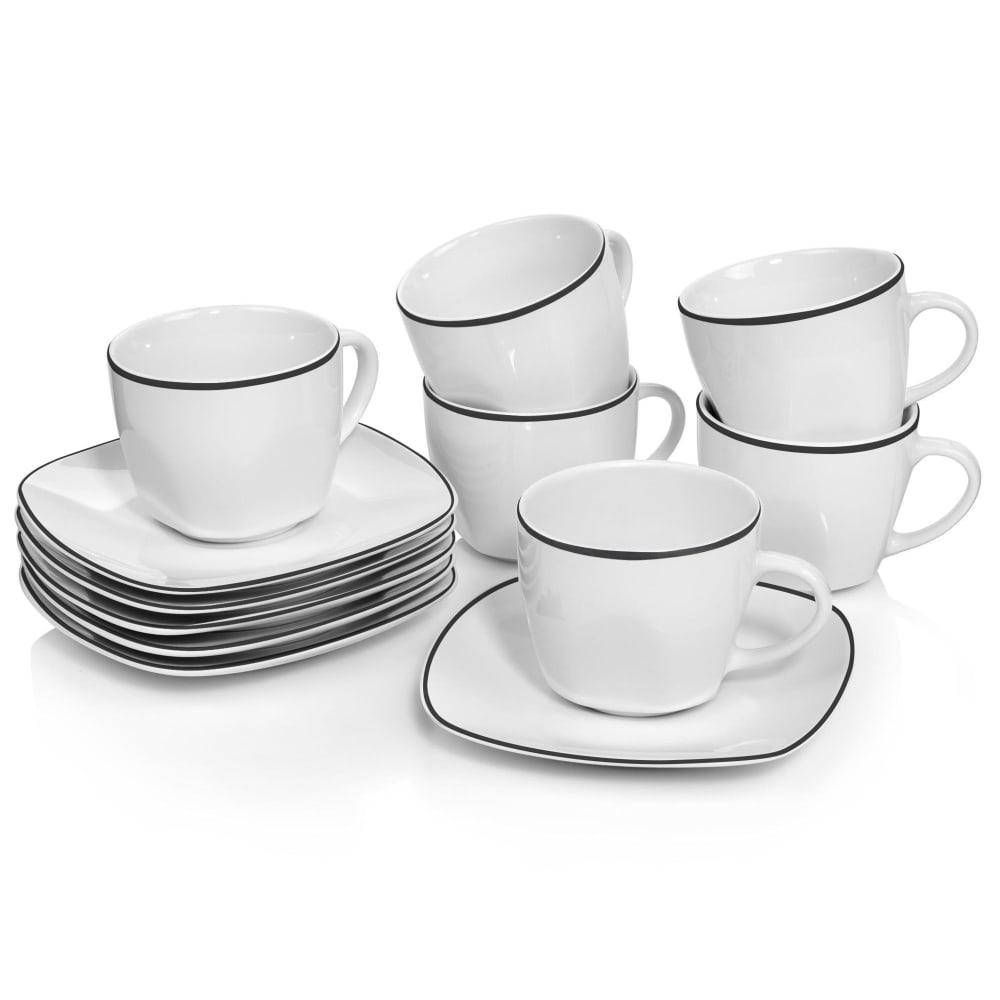 12-teiliges Kaffeeservice aus Porzellan, weiß Bilgola black rim