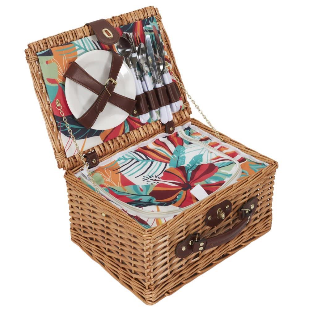Panier Pique-Nique Fleuri 4 Personnes – Osier Tressé Chic Avec Vaisselle Complète, Couverts Et Verres à Vin – WOMA