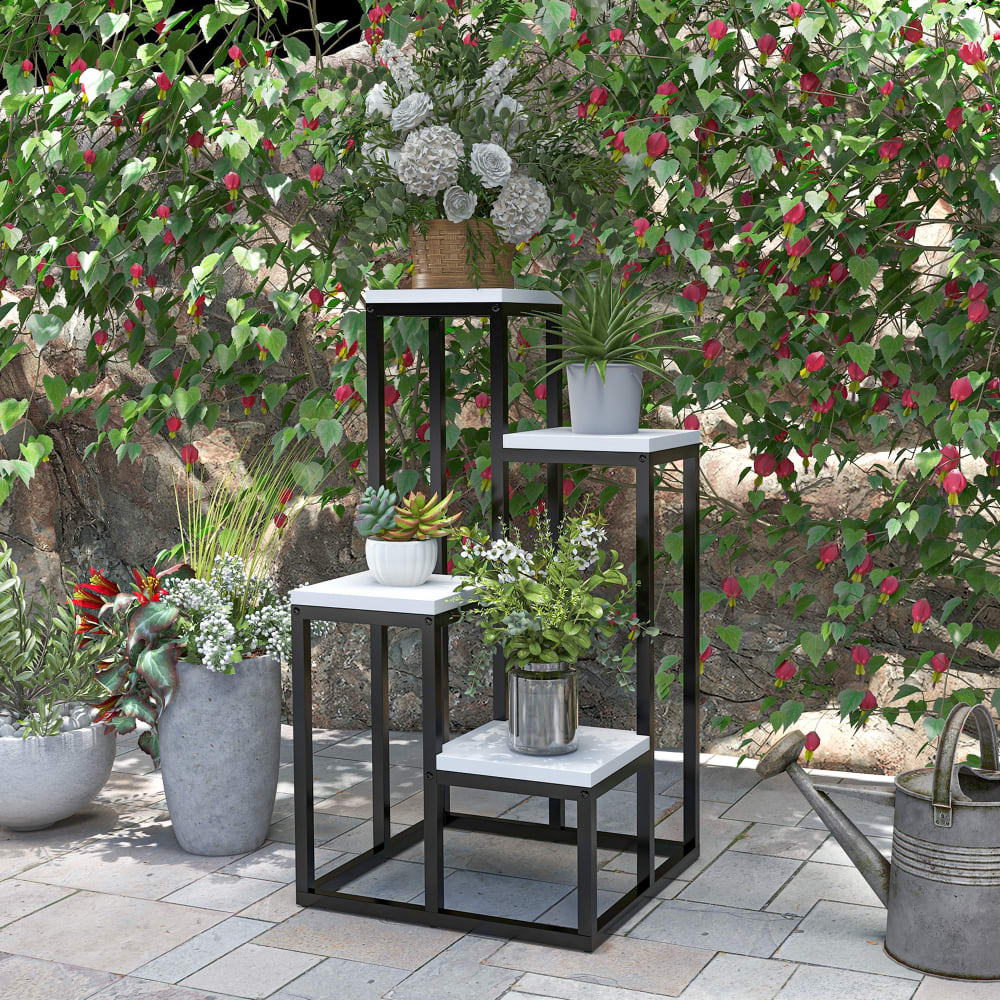 Étagère à Plantes 4 Niveaux En.casa - Support Pots De Fleurs Métal Et Bois 67cm Noir