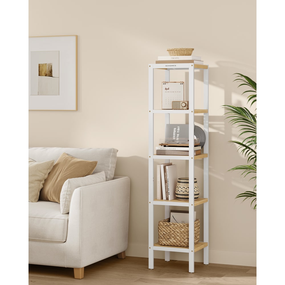 Étagère Salle De Bain Bambou 5 Niveaux – Colonne Rangement Naturelle 121x33x28 Cm – Robuste Et Anti-Humidité