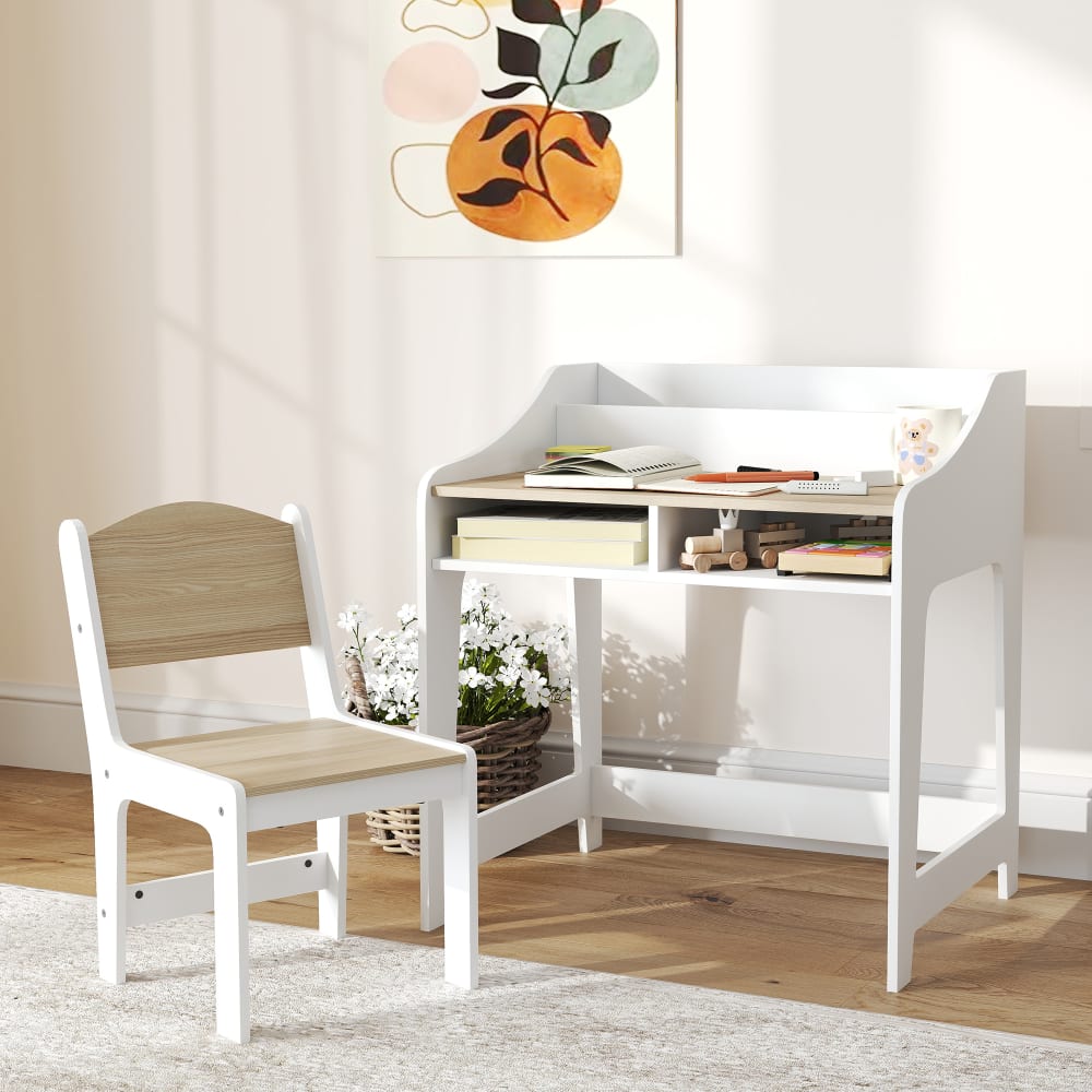 Bureau Enfant Avec Chaise - 2 Tiroirs, étagère Et Porte-gobelets - Blanc, Pour Les 3 à 8 Ans - Idéal Pour Dessin, Devoirs Et Jeux