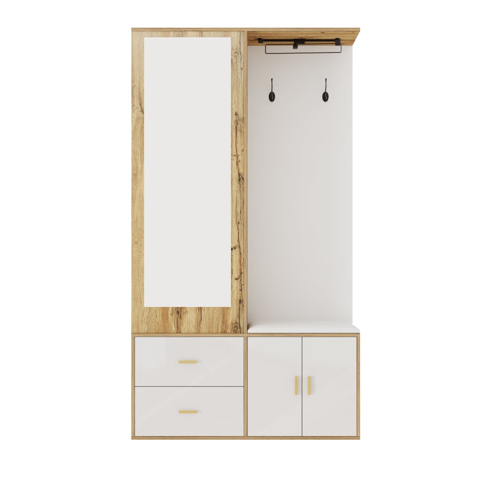Eingangsmöbel mit Spiegel, Garderobe, Bank und Stauraum