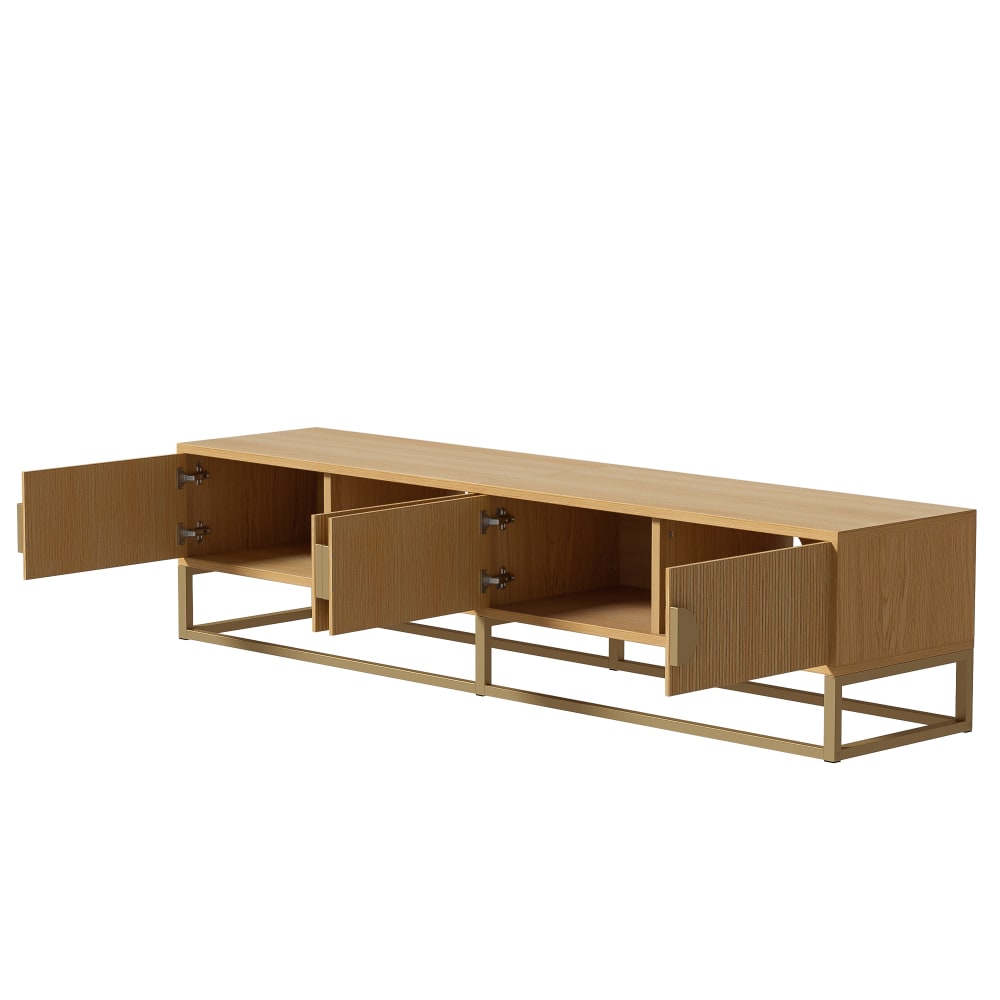Meuble TV 180 cm veinures bois 4 portes poignées semi-circulaires salle
