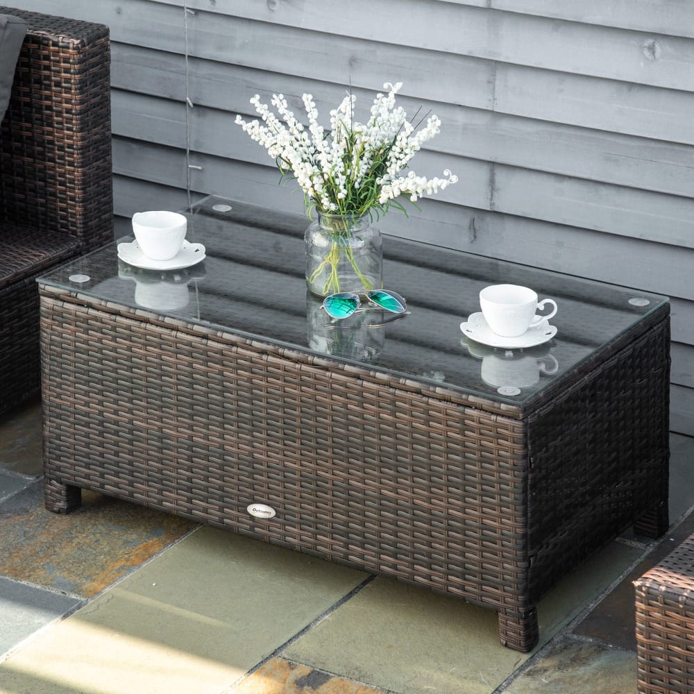 Table Basse Extérieur Table Basse D'extérieur Style Tambour - Plateau Verre Trempé - Rotin Résine Tressé - Marron Clair