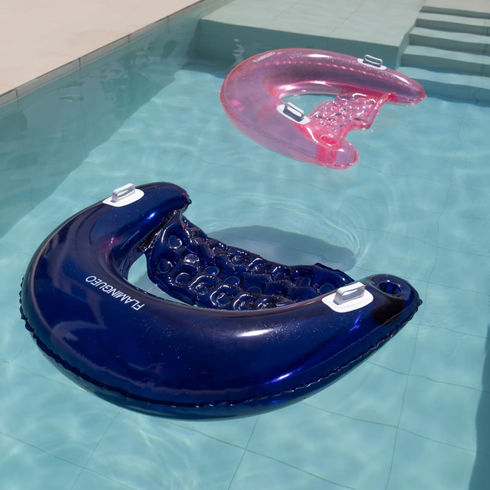 Flamingueo Bouee Piscine - Siège Flottant - Appui-tête et Accoudoir - PVC et Polyester - Design à Rayures - Bleu