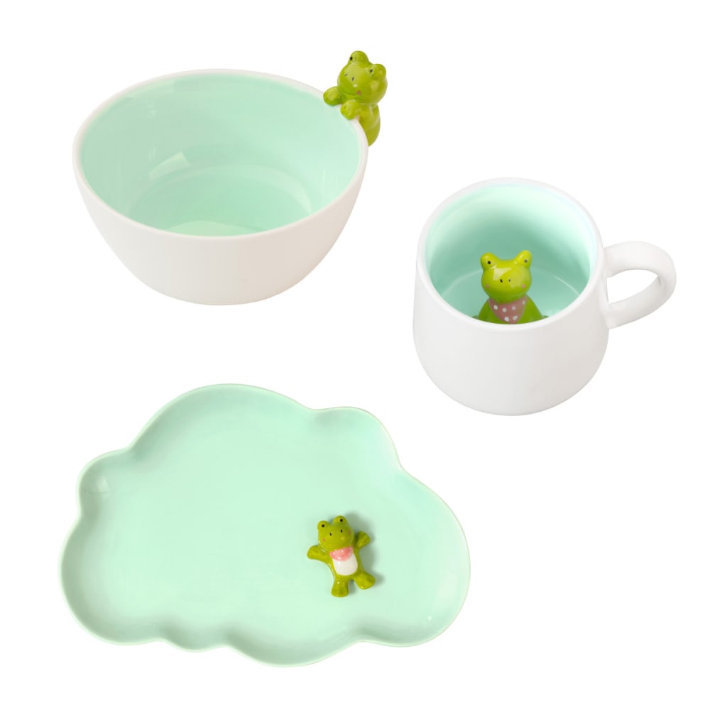 Ensemble Vaisselle 5 Pièces Bébé Tout-Petit – Grenouille Dessin Animé, Antidérapant, Passe Lave-Vaisselle, Assiette Compartimentée + Bol + Tasse + Couverts