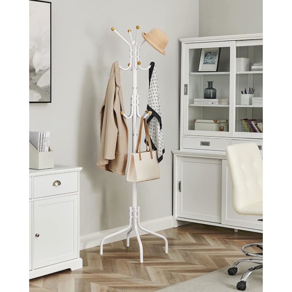 HOMCOM Porte-Manteaux Sur Pied En Acier 9 Crochets 2 Étagères - 40 X 167 Cm Naturel Et Blanc, Meuble Entrée Pratique