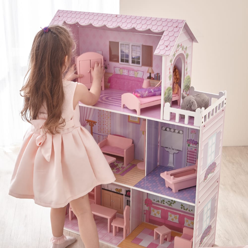 Maisonde – Maison De Poupée 3 étages 6 Pièces Avec Lumières, 4 Poupées Et Meubles, Cadeau Pour Filles Et Garçons Dès 3 Ans