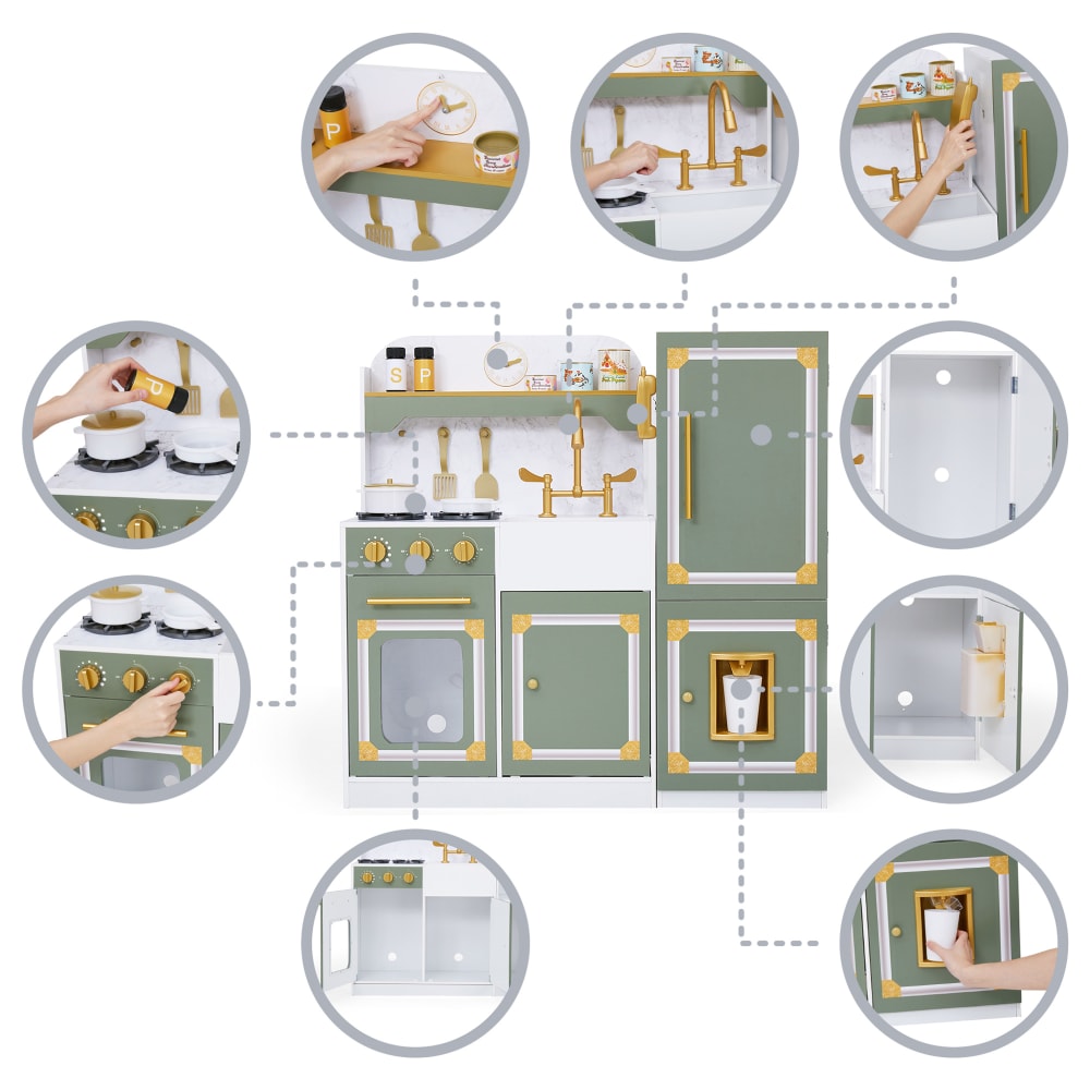 DEQUBE – Cocina De Madera 1 Módulo, Diseño Moderno Con Utensilios Metálicos, Grifo Y Horno, Medidas 48x30x84,5 Cm, Color Verde