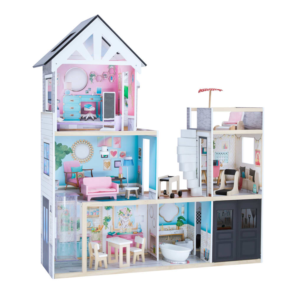 Set De 37 Pièces Meubles Maison De Poupée En Bois – Cuisine Et Salle De Bain Modernes – Accessoires Réalistes – Dès 3 Ans – Cadeau Éducatif