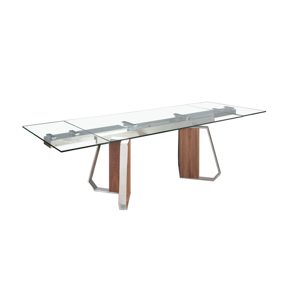 Ausziehbarer Esstisch rechteckig aus Glas, Nussbaum und Chromstahl Table à manger à rallonge
