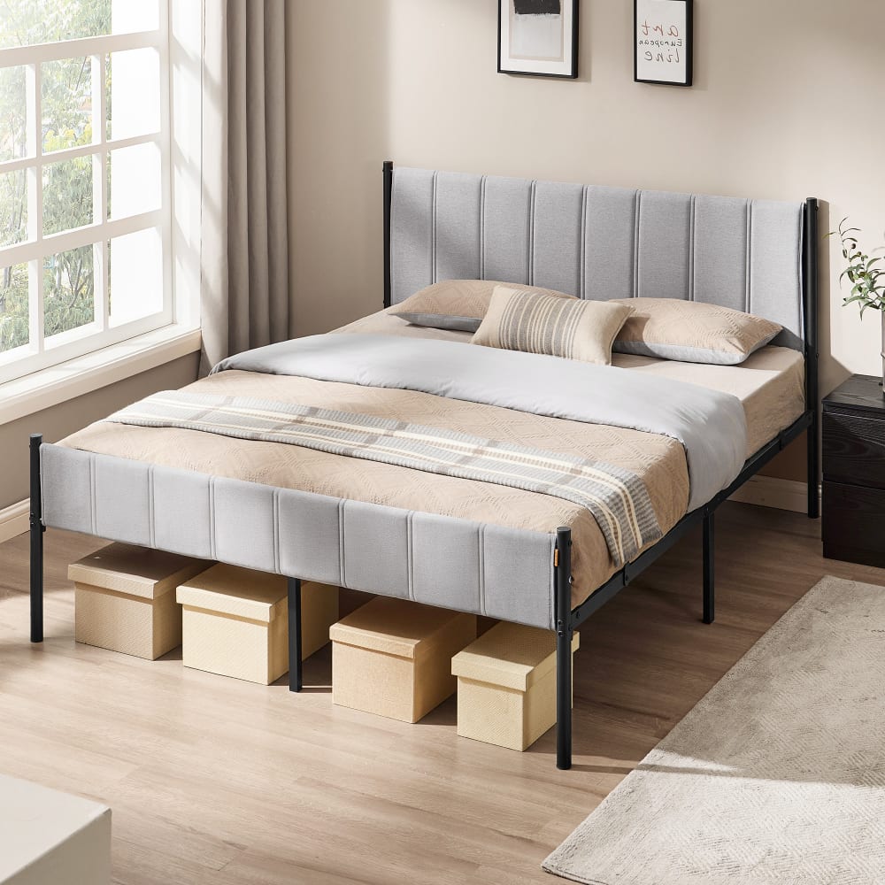 Lit Double 160x200 Cm Avec Tête De Lit Rembourrée - Cadre Métal, Sommier à Lattes Réglable, Rangement Intégré, Sans Matelas