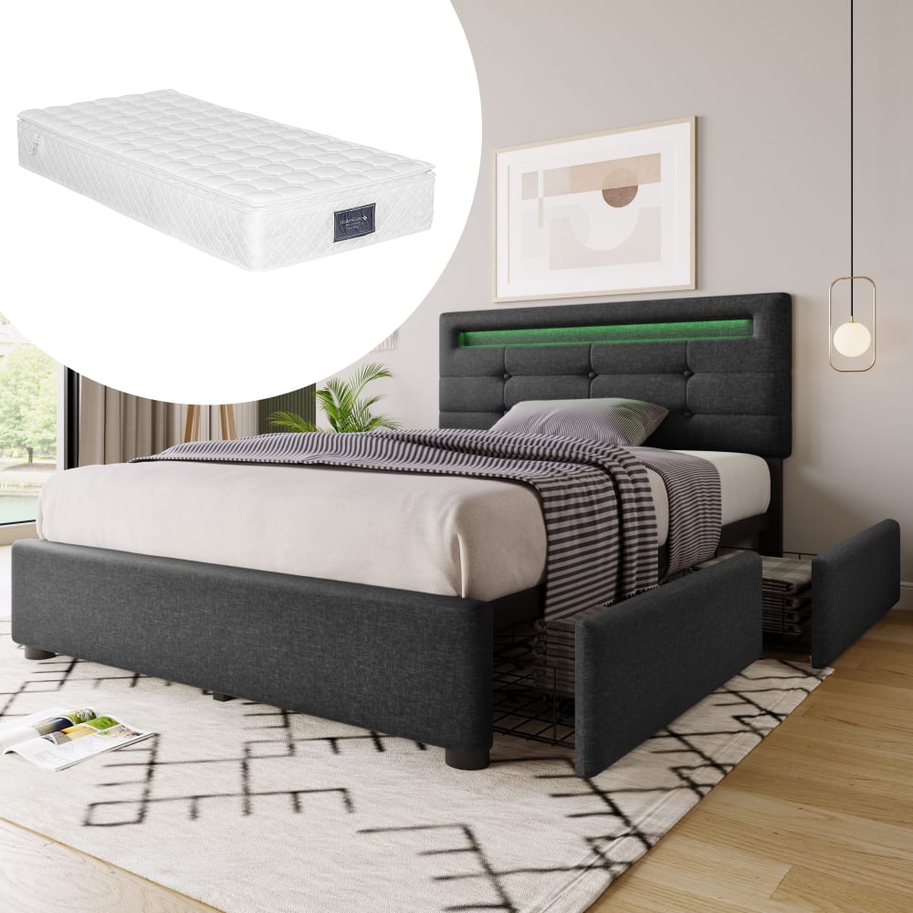 Einzelbett 90x200cm mit Matratze, LED und verstellbarem Kopfteil, grau