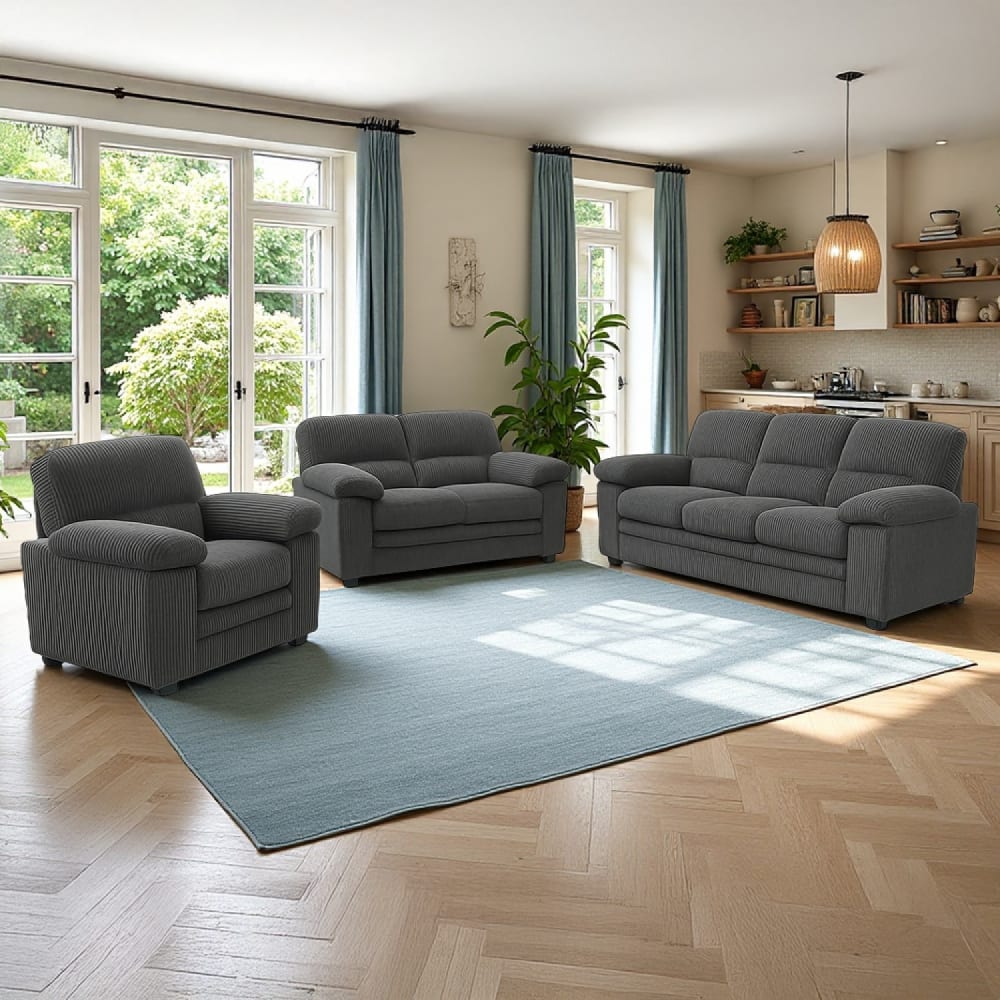 3-Sitzer-Sofa + 2-Sitzer-Sofa + Sessel aus dunkelgrauem Cord Lincoln