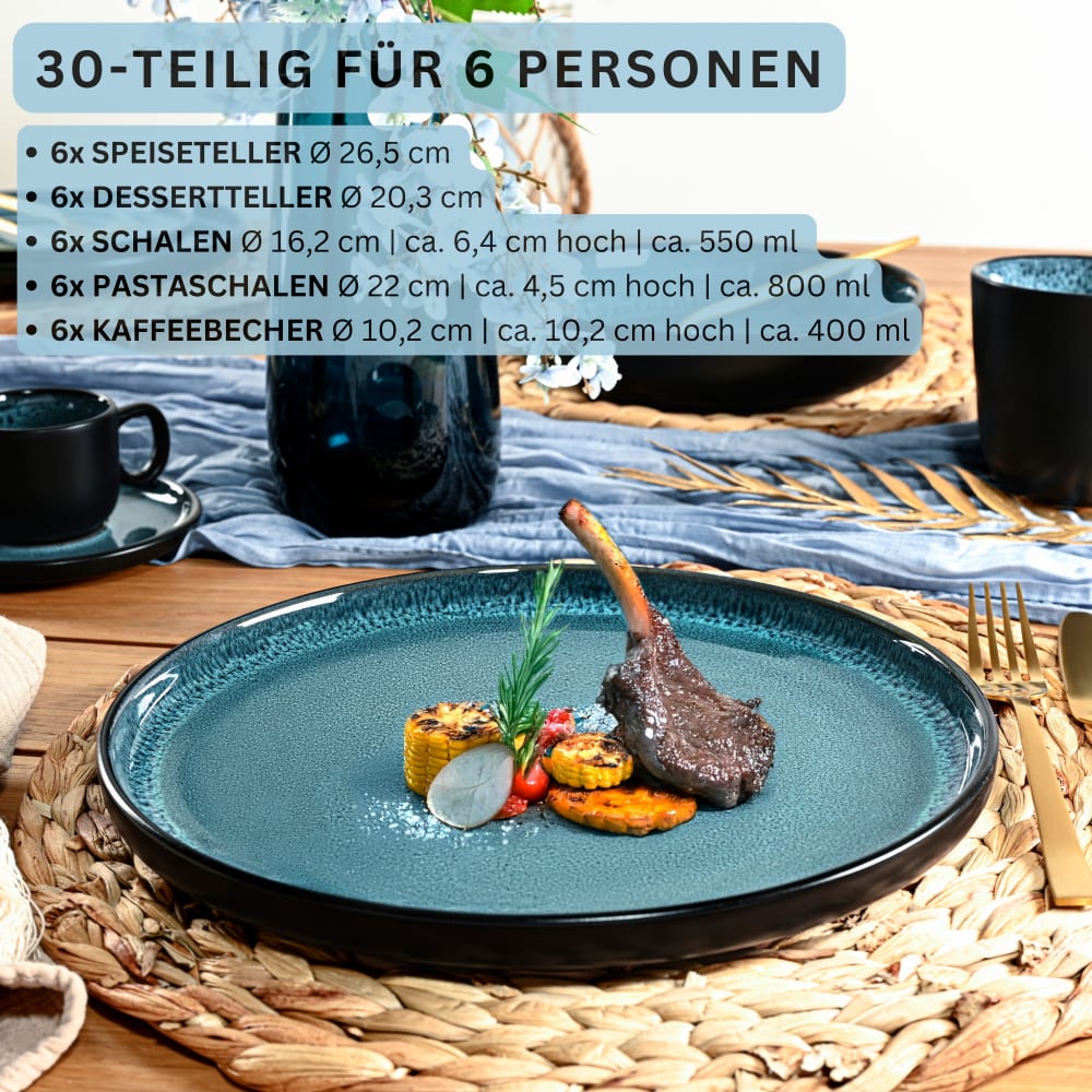 30 teiliges Tafelservice aus Steingut, blau Vigo