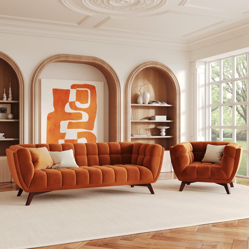 Sofa- und Sessel-Set aus orangefarbenem Samt für 4 Personen Mona