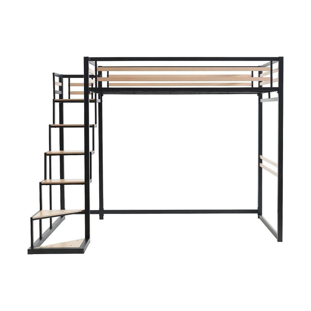 Moimhear Letto a soppalco multifunzione 140 x 200 cm, letto in metallo con vano portaoggetti, ripiani e scale, letto per adulti e culla (nero