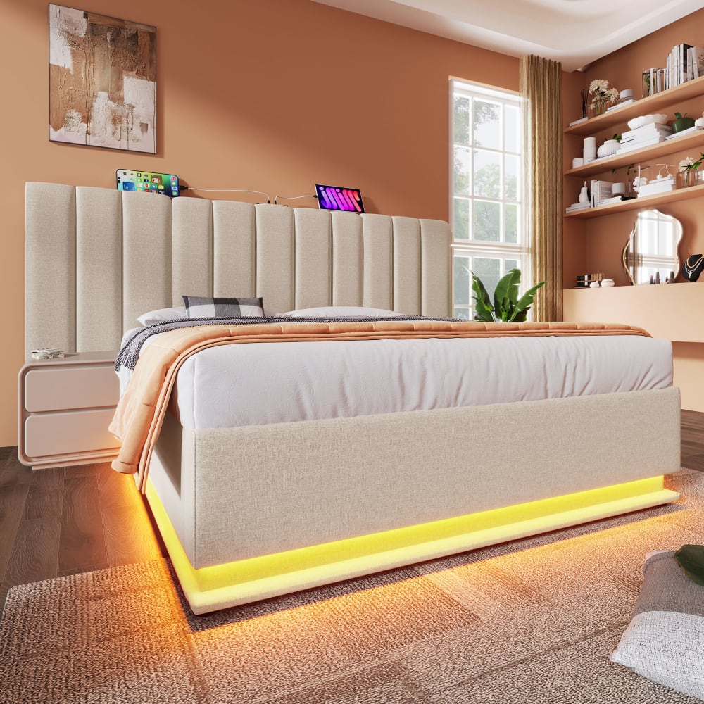 Lit Coffre Double 160x200 Cm Avec Rangement – Tête De Lit Intégrée, Ports USB/Type-C, Sommier Lattes, Sans Matelas