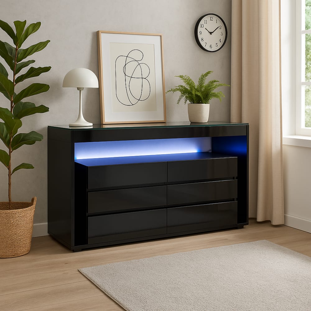 Credenza Moderna Con 6 Cassetti E Luci LED - Nero Lucido, Piano In Vetro Temperato, 140x40x70 Cm