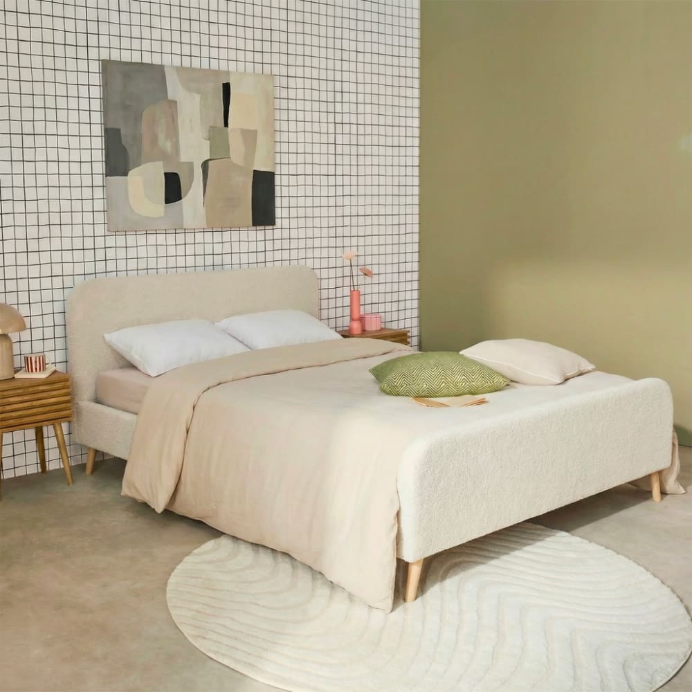 Bett mit Lattenrost und Kopfteil mit Bouclé-Bezug 160 x 200 cm creme Finn
