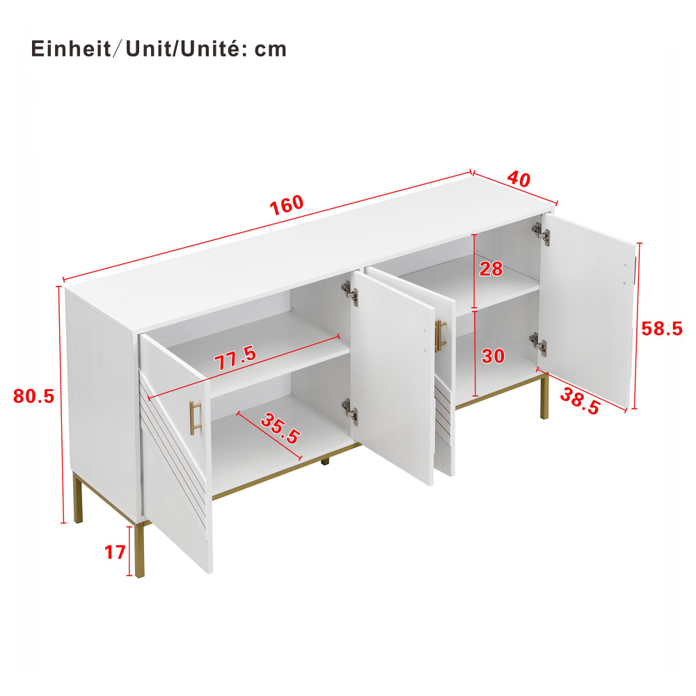 Credenza Moderna E Lussuosa Bianco Lucido 150 Cm - 4 Ante Con Maniglie Oro, Ripiani Regolabili, Gambe Oro Opaco - 2