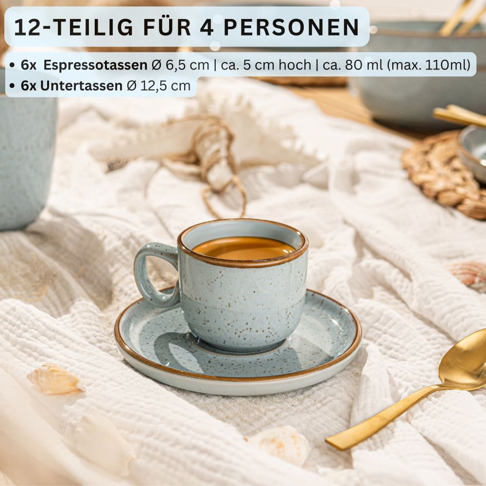 12er Set Espressotassen aus Steingut, blau Rio lagune