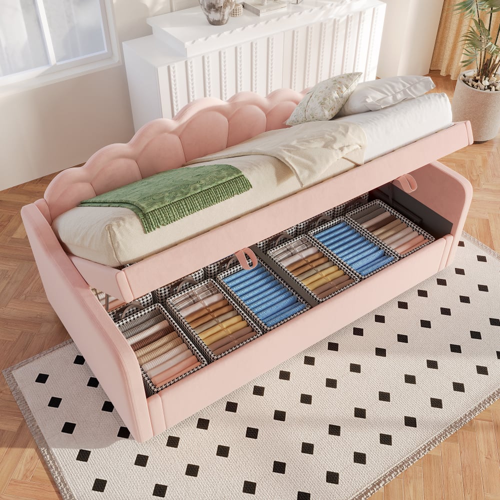Schlafsofa Samt 90x200 cm, rosa mit Stauraum und LED