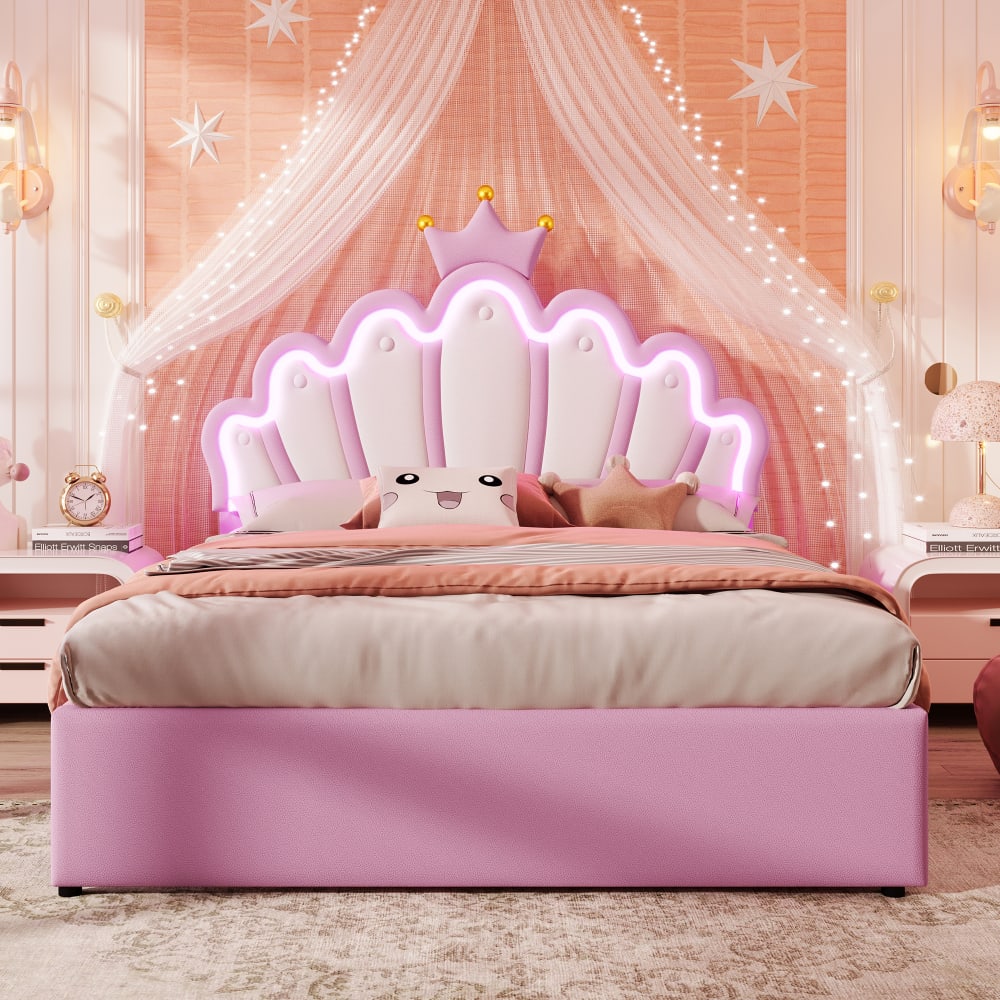 Kinderbett Leder 140x200 cm, rosa mit 2 Schubladen und LED