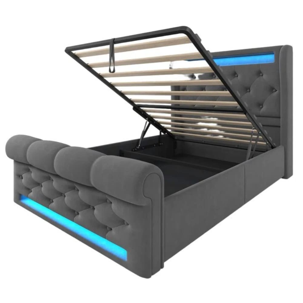 Rete Letto Queen Size In Velluto Con Luci LED RGB, Testiera Regolabile, Stazione Di Ricarica E Doghe In Legno, Struttura Imbottita Antirumore, Fino A 453 Kg, Senza Rete A Molle - 3