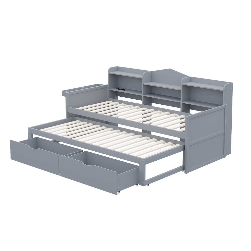 Kinderbett Holz 90x200 cm mit Ausziehbett und 2 Schubladen, Grau