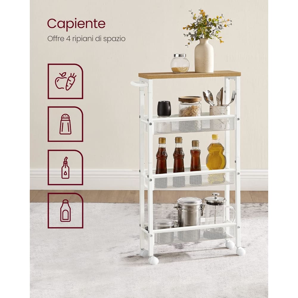 UMDONX Carrello Stretto A 4 Livelli Con Piano In Legno E 3 Cestini, Rotelle, Largo 17 Cm Per Spazi Ridotti