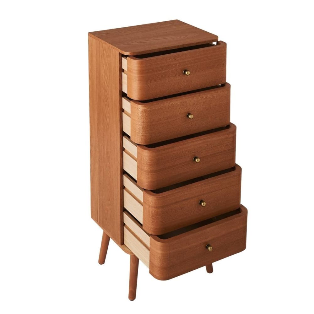 Hochkommode mit 5 Schubladen H100 cm - Holzdekor hell Karl