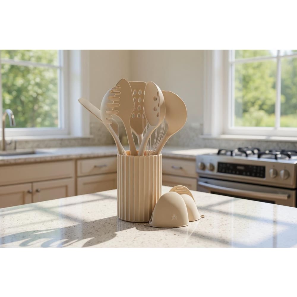 Set Di 9 Utensili Da Cucina In Silicone Con Manico In Legno Di Faggio - Spatole, Cucchiai, Frusta E Spazzola - Colore Blu