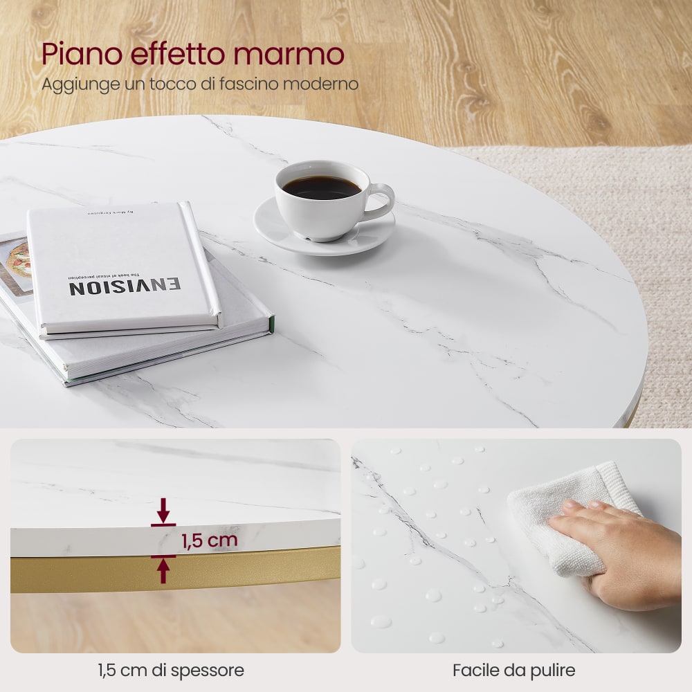 Tavolino Da Caffè Rotondo 2 In 1 Con 1 Piano Bianco E 1 Piano In Vetro Temperato Marrone, 2 Cassetti, Bianco E Oro - 9