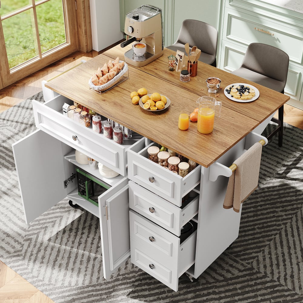 Küchen-Sideboard mit Holzarbeitsplatte und Schubladen, Weiß