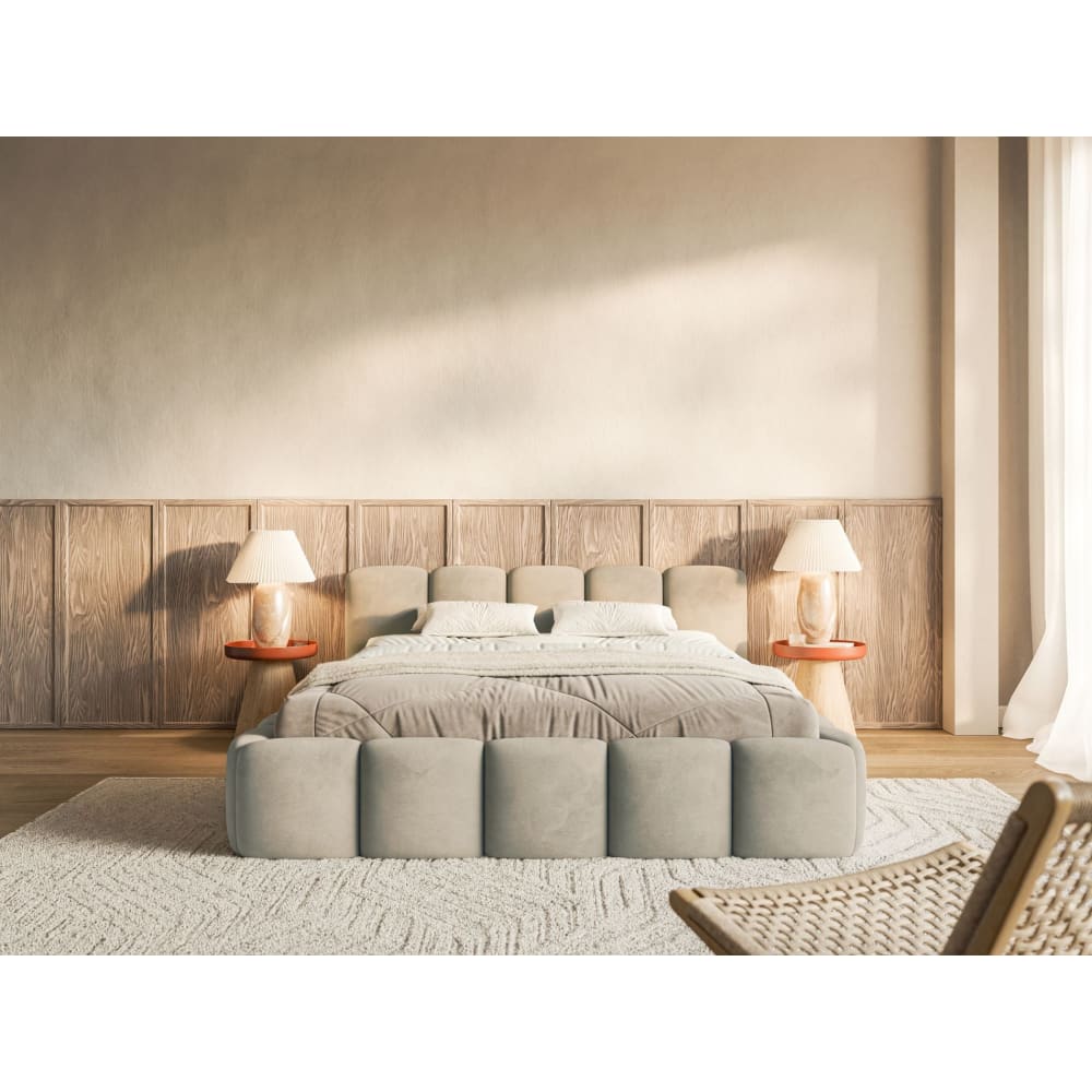 Polsterbett 140x200 mit Bettkasten, Samt, graubeige Cloudy low