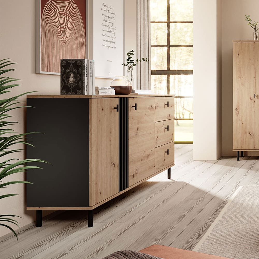 Sideboard in Lamellen-Optik aus Holz, 165,1x40x82,2cm, Eiche/anthrazit Madis