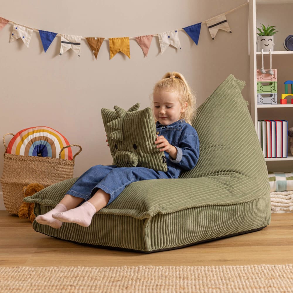 Sitzsack-Sessel mit Kissen für Kinder aus Cord, grüner Dinosaurier