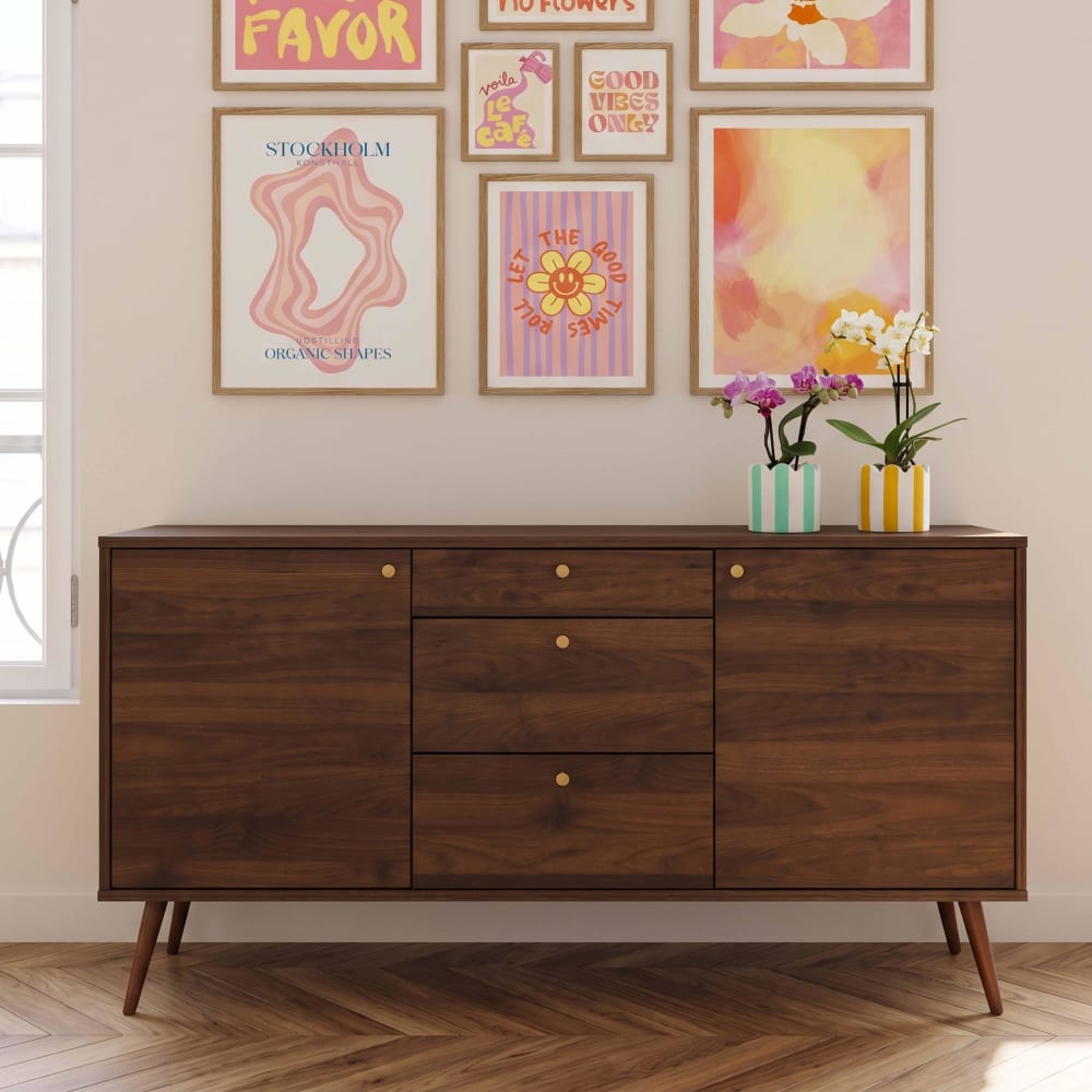 Madia a 2 ante e 3 cassetti 160x85 cm nero opaco e rovere naturale MI23