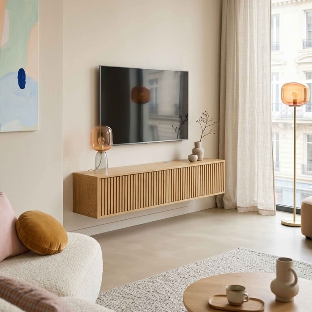 Meuble TV suspendu 160 cm scandinave bois clair