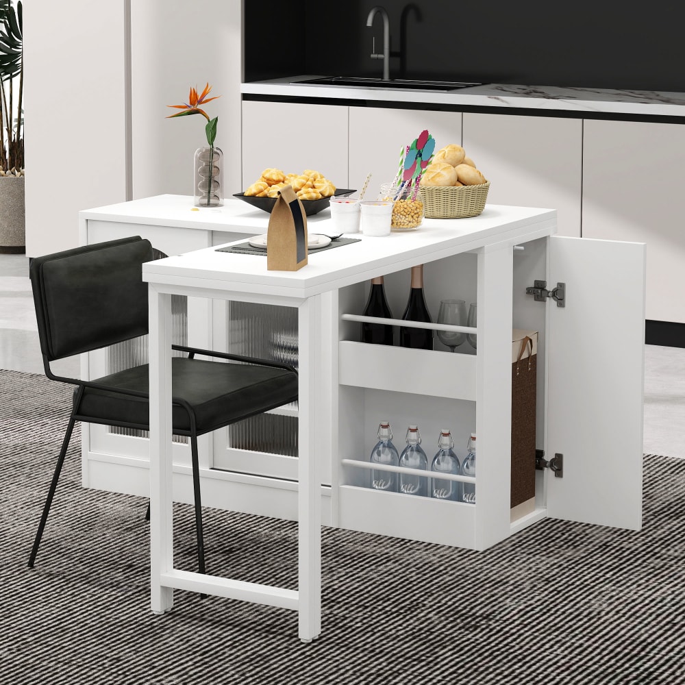 Isola Cucina Con Ruote E Tavolo Estraibile – Porta Bicchieri E Spazio Contenitore, Design Scandinavo Nero E Legno, Facile Da Spostare