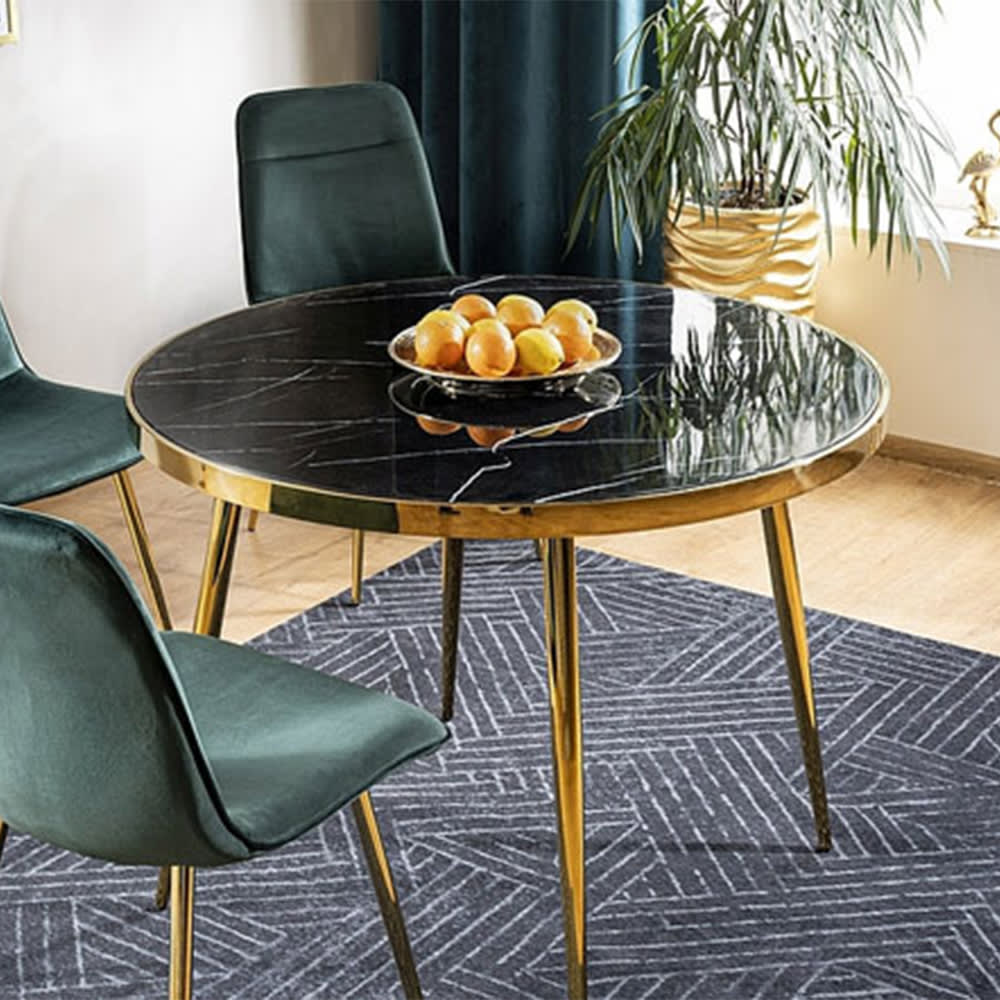 Esstisch rund aus Glas & Metall, 100x100x75cm, Marmor schwarz / Gold Calw