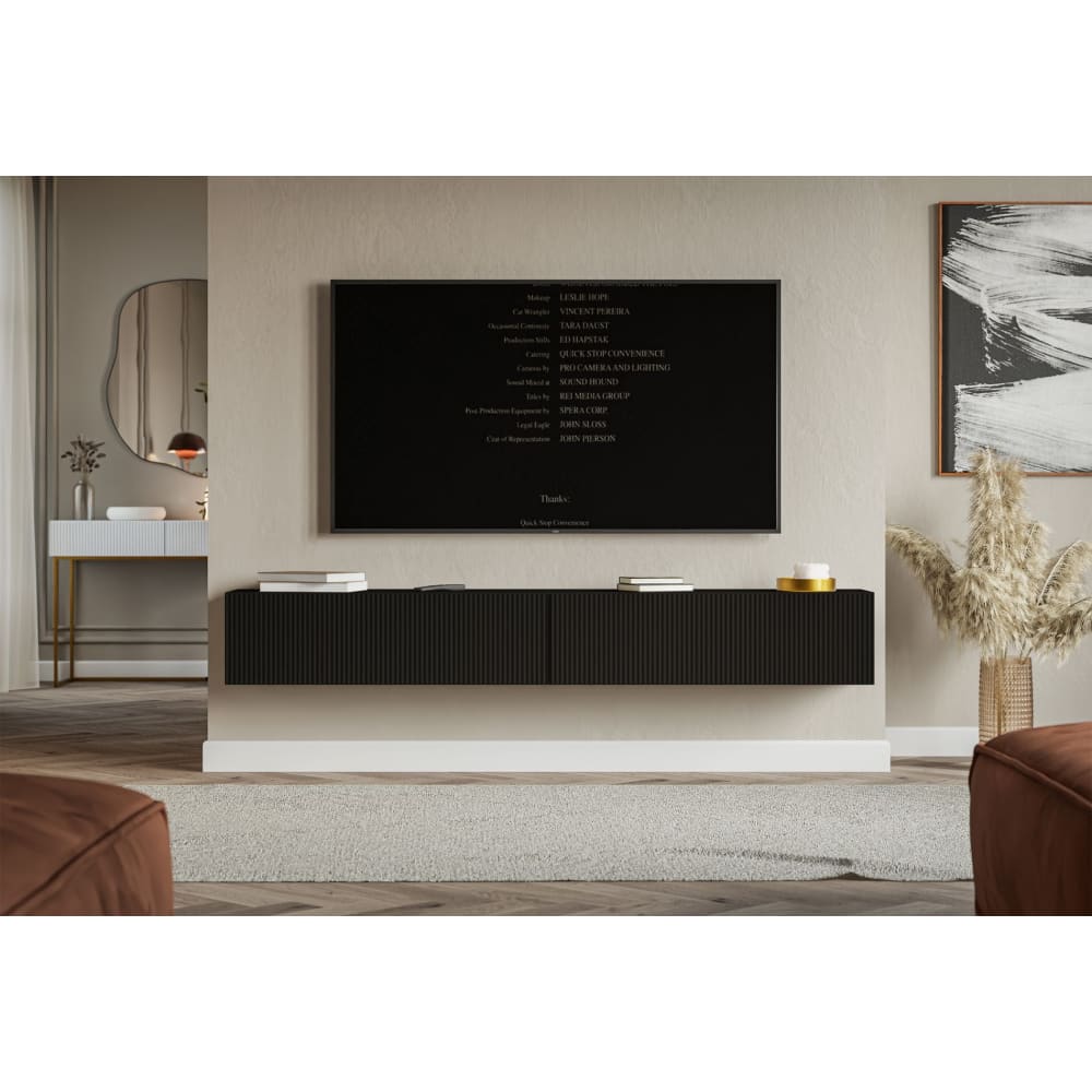 TV-Lowboard hängend mit geriffelten Fronten, 200 cm, schwarz Veldio
